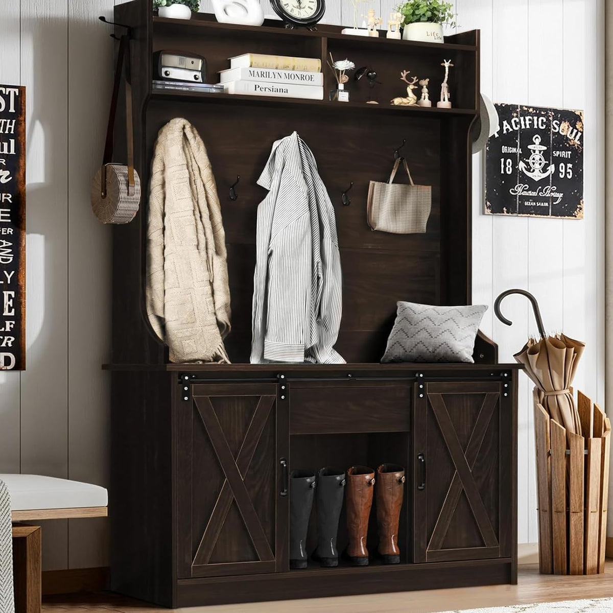 Farmhouse Hall Tree with Bench & Shoe Storage, Oak