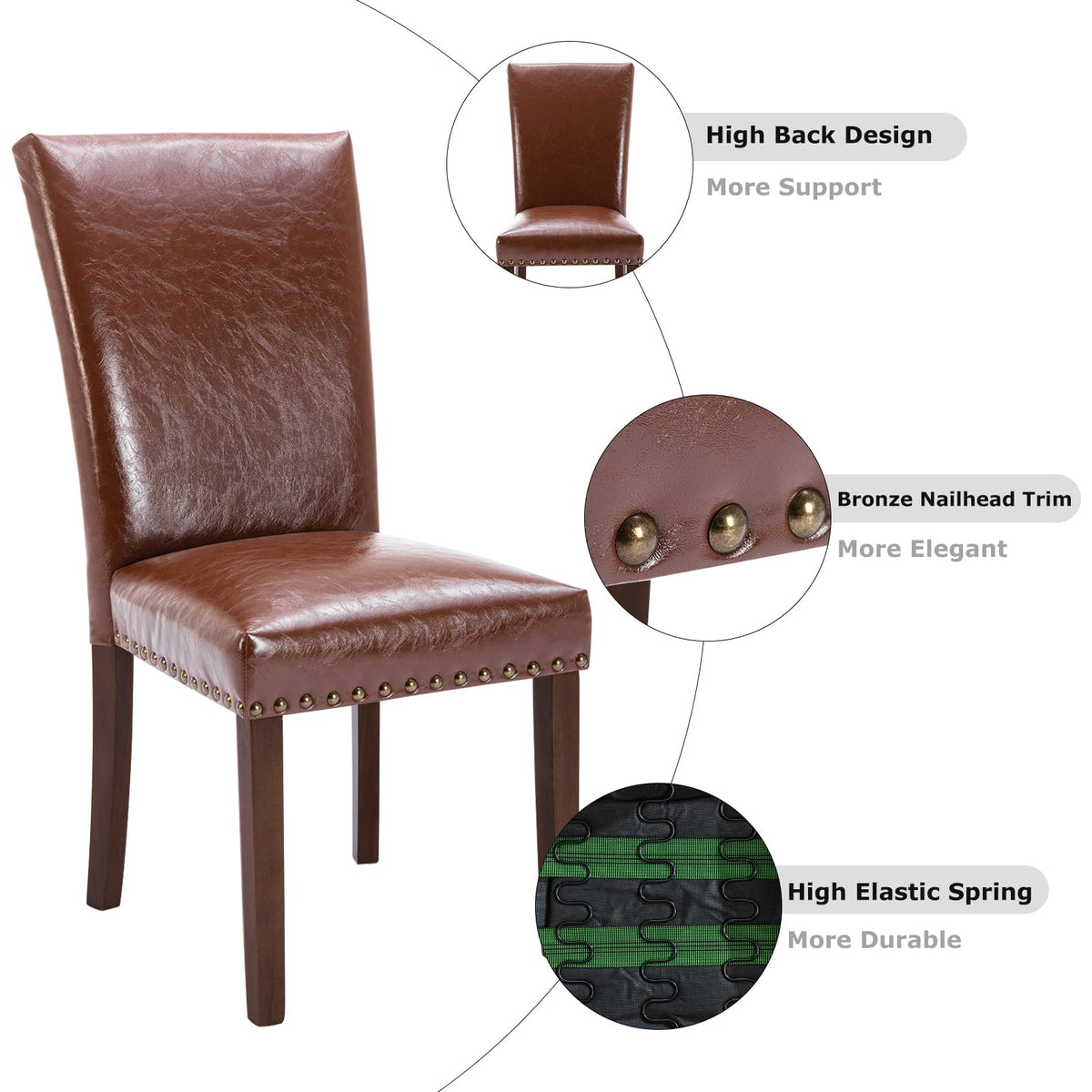 Upholstered Parsons Dining Chairs Set of 2, PU Leather Dining Room Kitchen Side Chair with Nailhead Trim and Wood