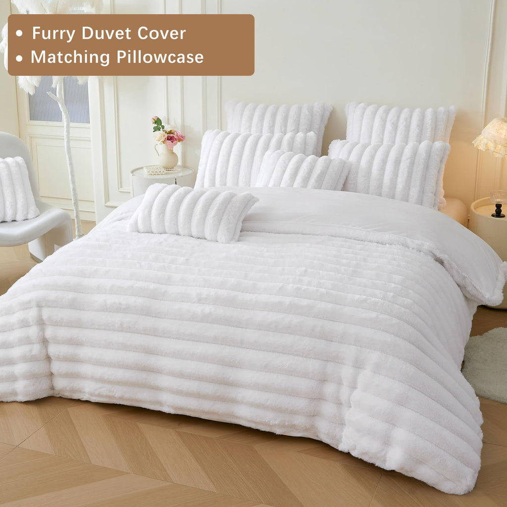 Fluffy Ribbed Faux Rabbit Fur Duvet Cover Set 2 PCS, White