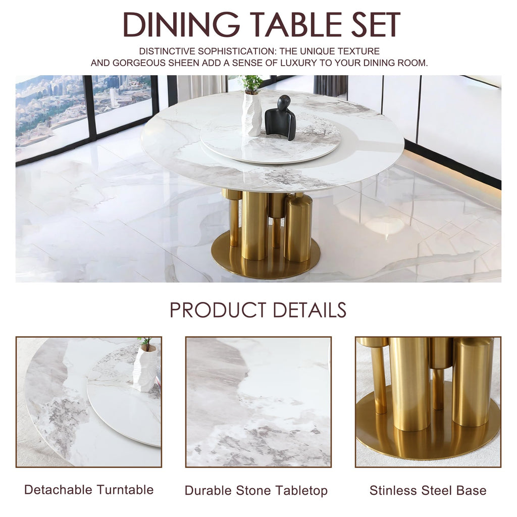 Marble Dining Table, 59" D Round Sintered Stone Tabletop with 31.5" D Removable Turntable, Luxurious Dining Room