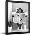 Bathroom Canvas Wall Art, Monkey Reading Newspaper Framed Art Decor, Animal Picture Bathroom Restroom Wall Decor