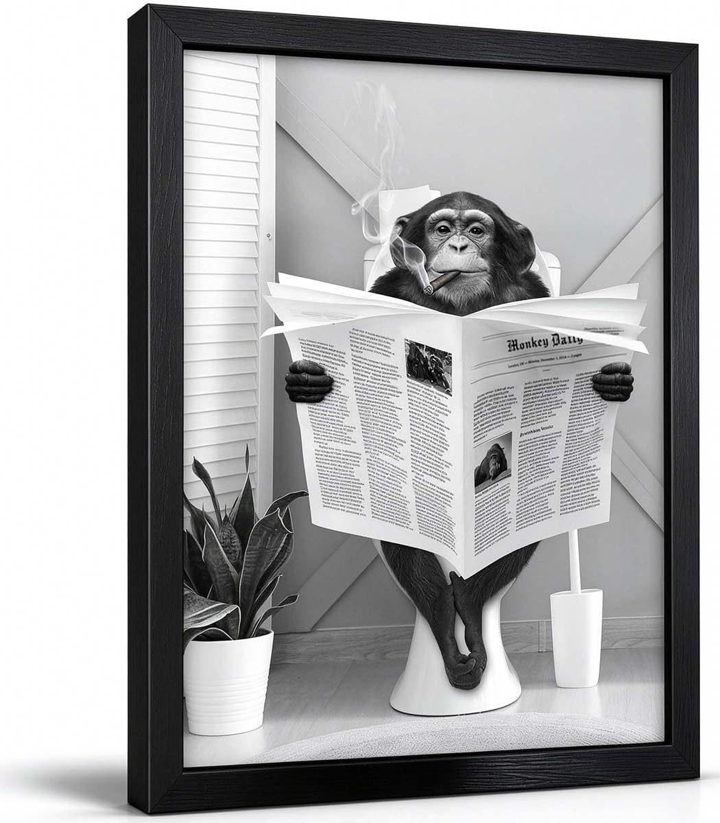 Bathroom Canvas Wall Art, Monkey Reading Newspaper Framed Art Decor, Animal Picture Bathroom Restroom Wall Decor