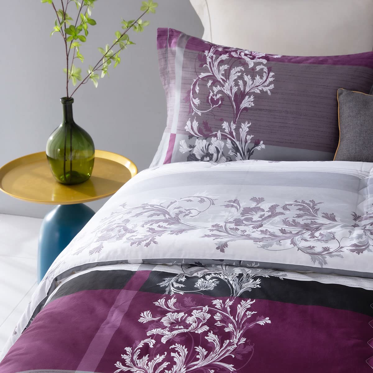 Comforter Twin Size, 600 Thread Count Cotton Grey Paisley & Purple Comforter Sets, Down Alternative Bedding Set
