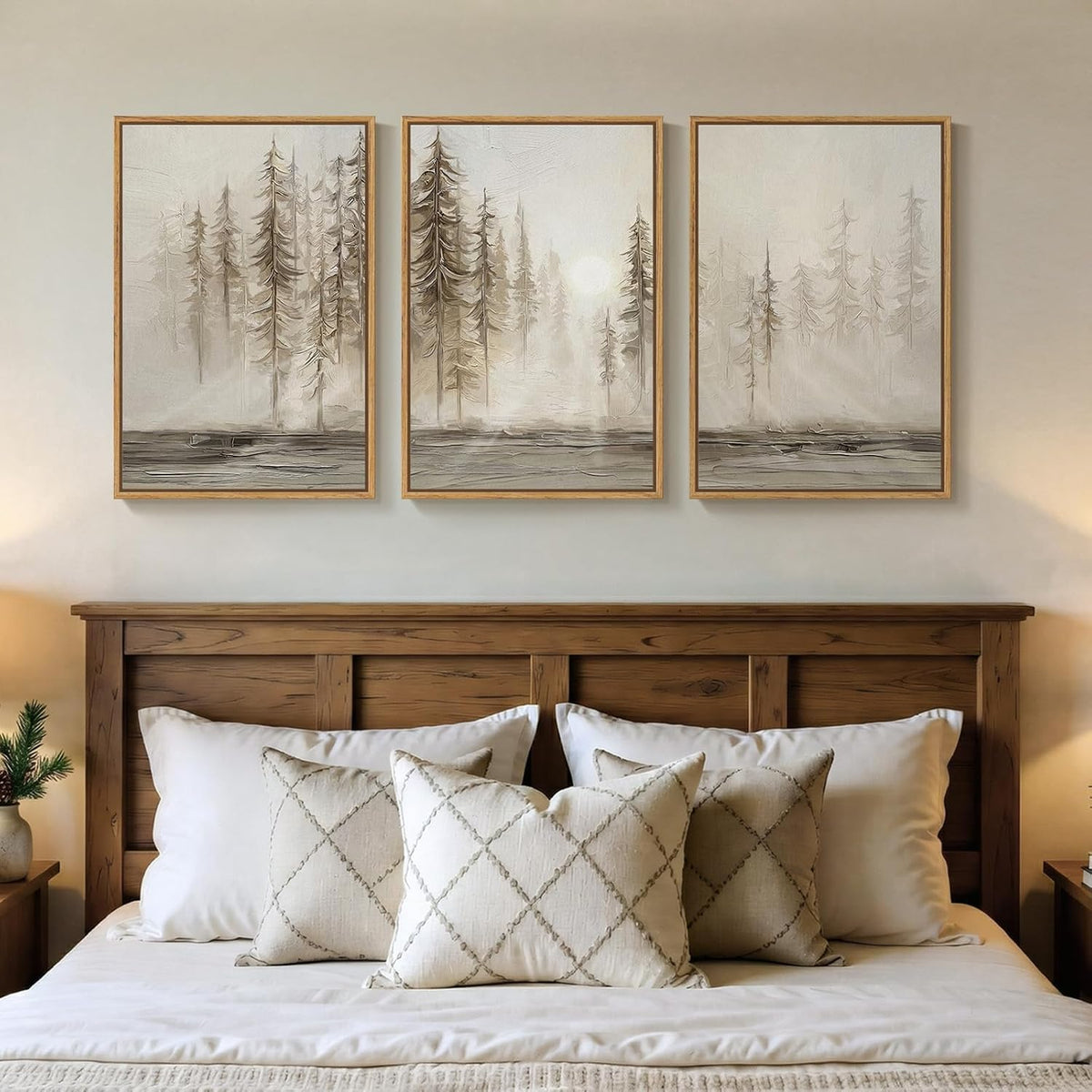 Framed Neutral Abstract Pine Tree Landscape Wall Art Bedroom, 16x24 Inch