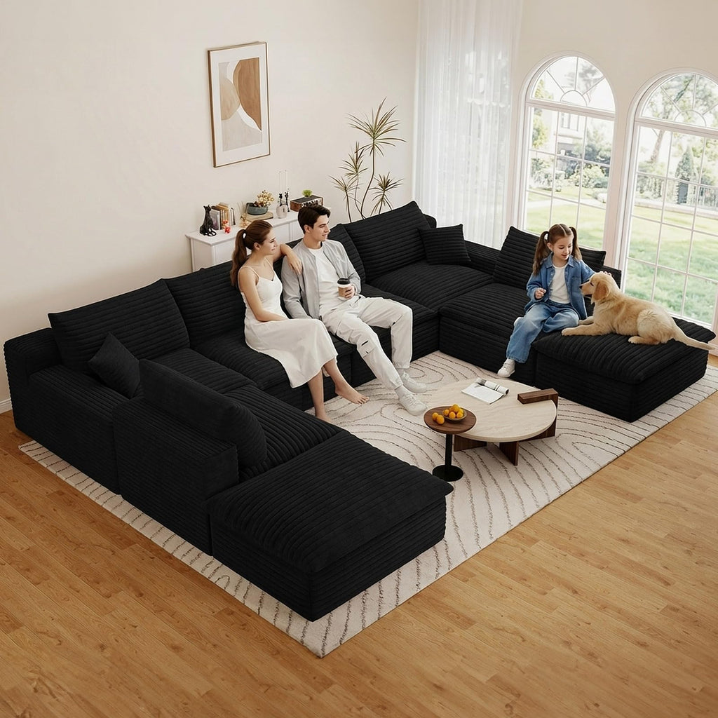 136" Oversized Cloud Sectional Couch with U-Shaped Chaise, 8-Seater Corduroy Viral Boneless Sofa, Memory Foam Couches