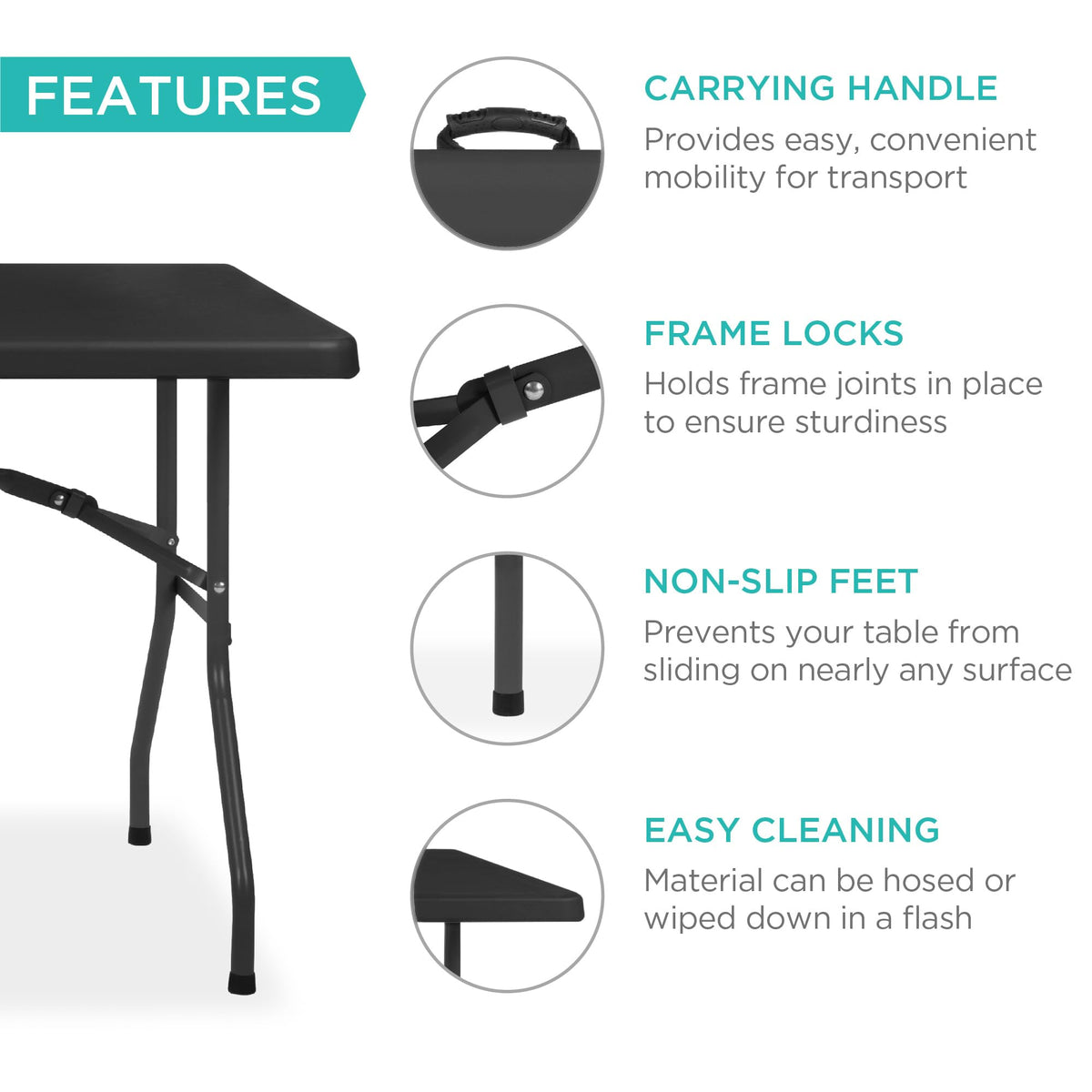 8ft Plastic Folding Table, Indoor Outdoor Heavy Duty Portable w/Handle, Lock for Picnic, Party, Pong, Camping - Black