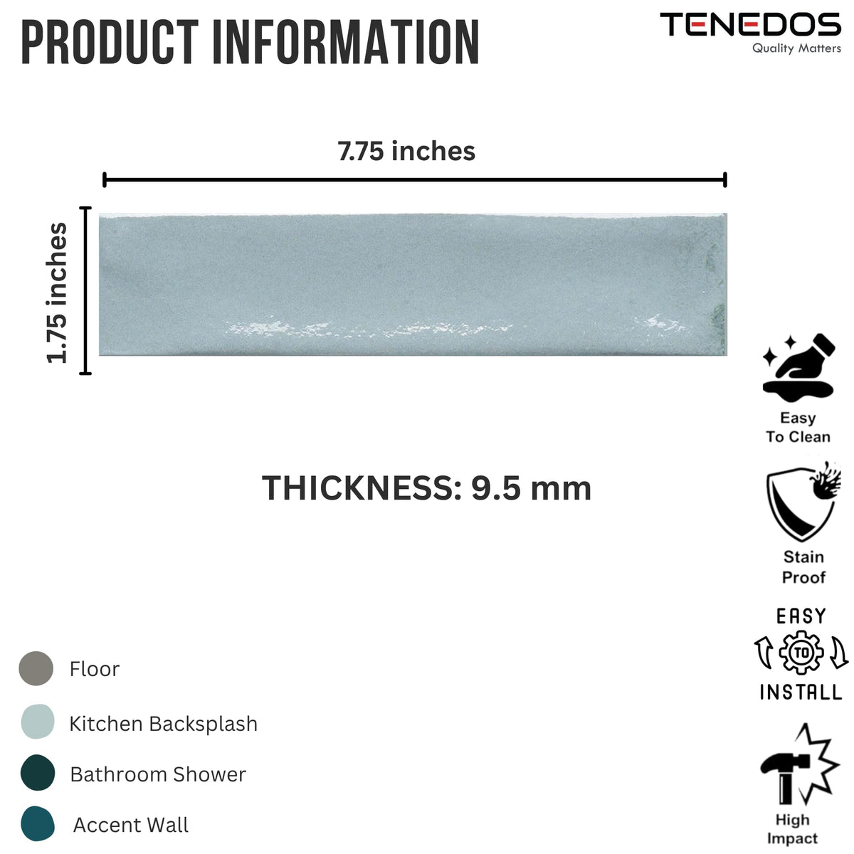 Light Blue Glossy Porcelain Subway Zellige Look Tile - 2"x8" Wall and Floor, Backsplash , Shower,Fireplace Accent-for