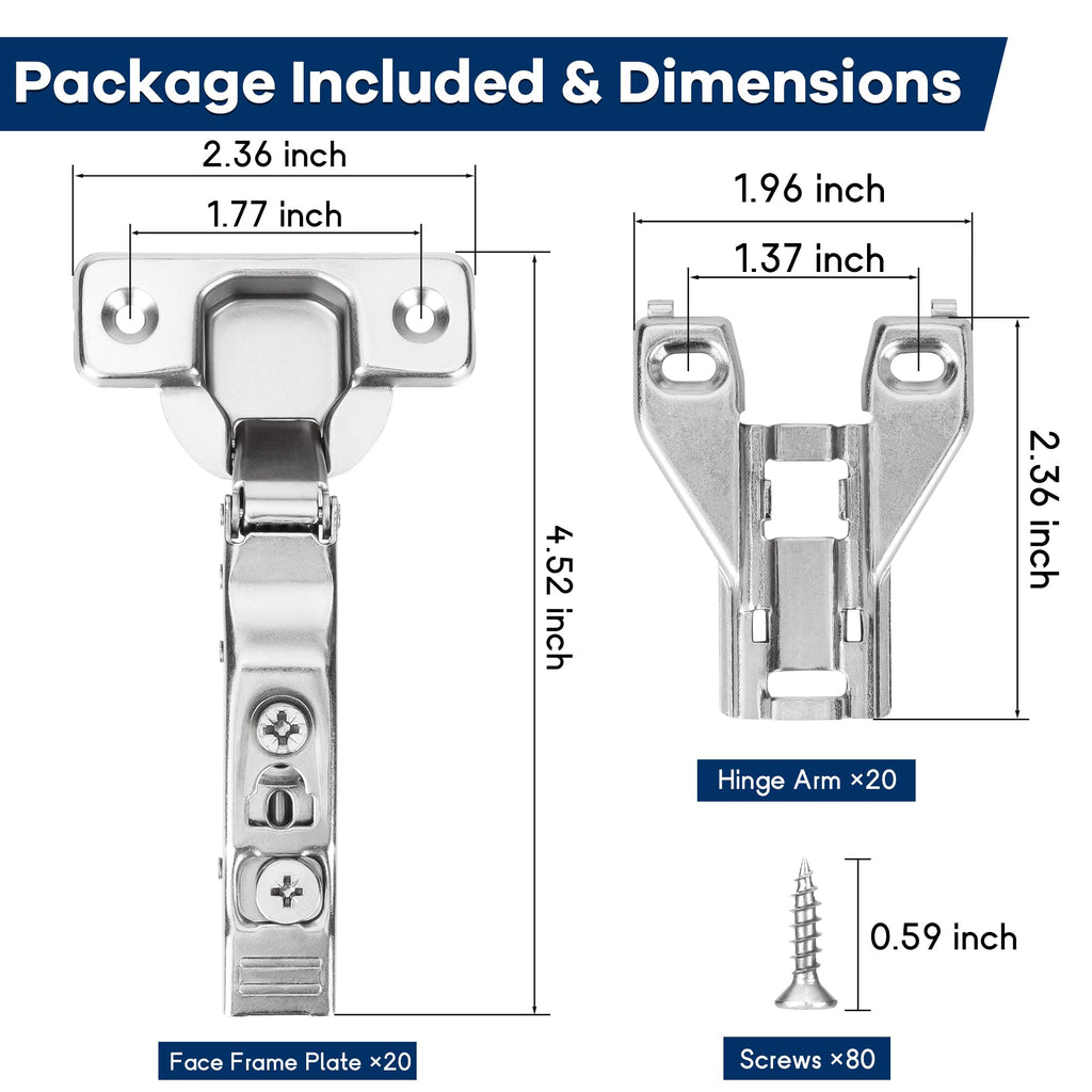 20 Pack Inset Frameless Soft Close Hidden Cabinet Hinges, 105 Degree 3D Adjustable Clip On Plate Concealed Kitchen