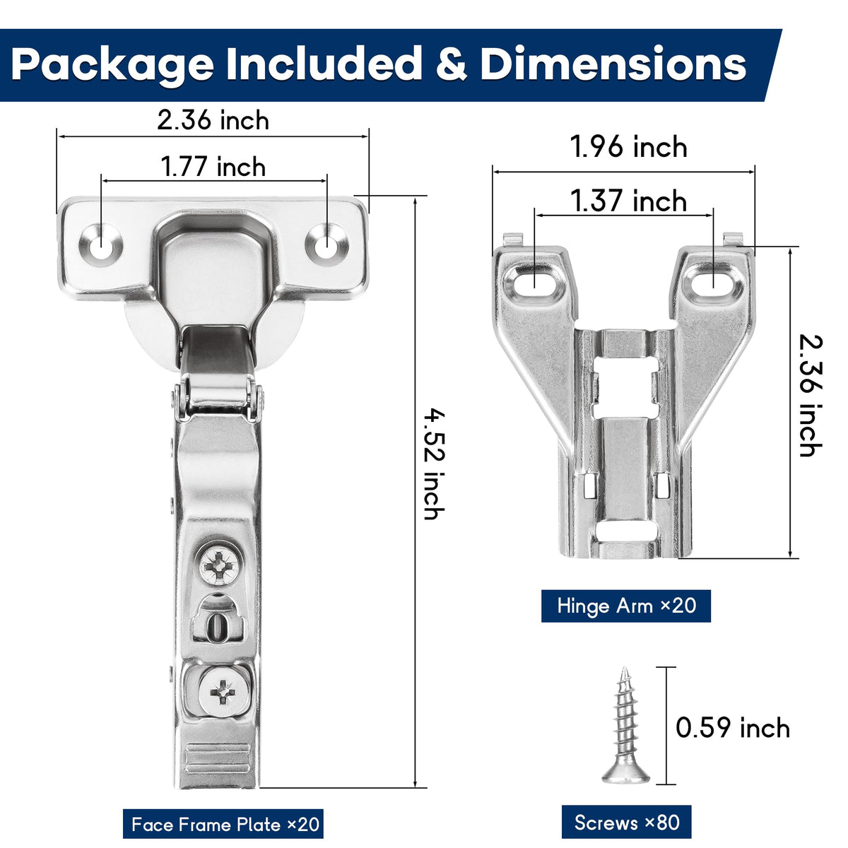 20 Pack Inset Frameless Soft Close Hidden Cabinet Hinges, 105 Degree 3D Adjustable Clip On Plate Concealed Kitchen