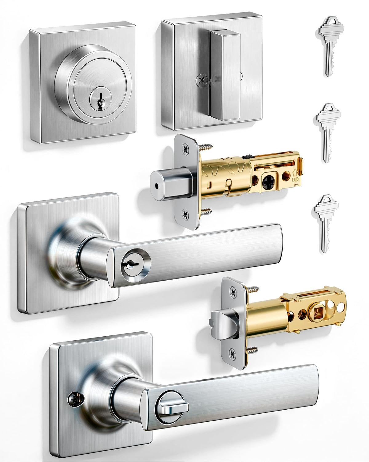 Modern Square Front Door Handle Set with Deadbolt, Satin Nickel