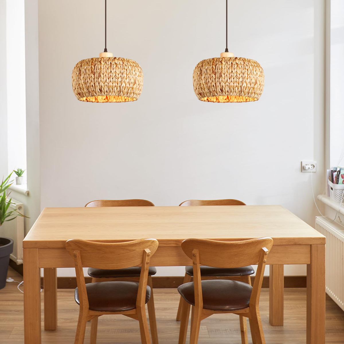 Hand-Woven Rattan Pendant Lights Kitchen Island wiht 12 Inch Wickel Shade