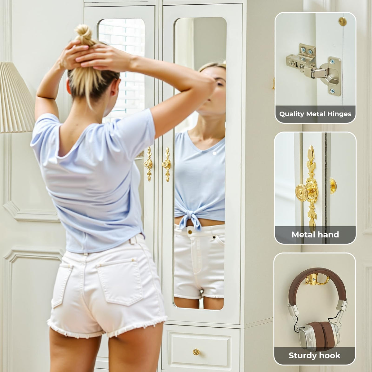 69.5" H Armoire Wardrobe Closet, Modern Wood Bedroom Armoires Cabinet with Mirror Door and 6 Drawers, White Clothing