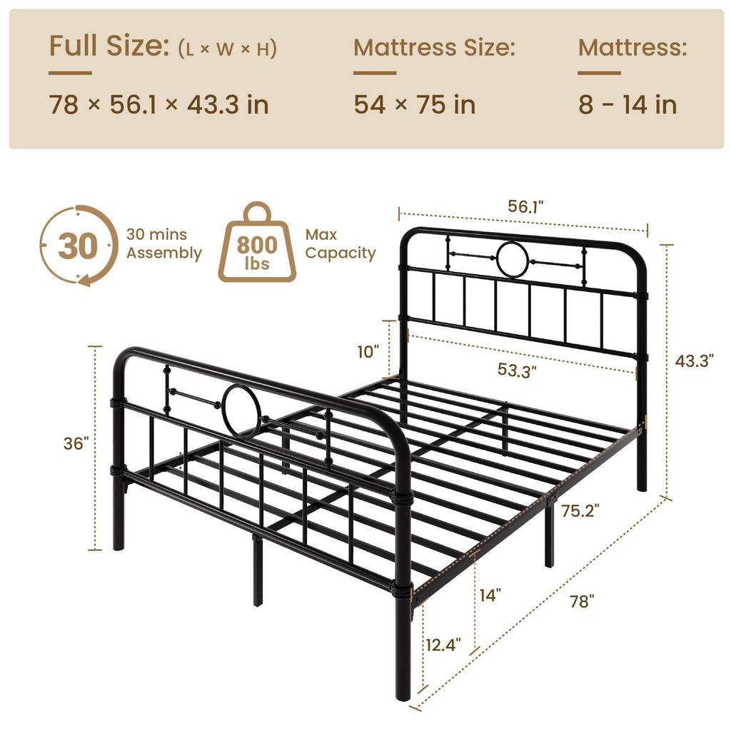 Metal Platform Bed Frame with Vintage Headboard