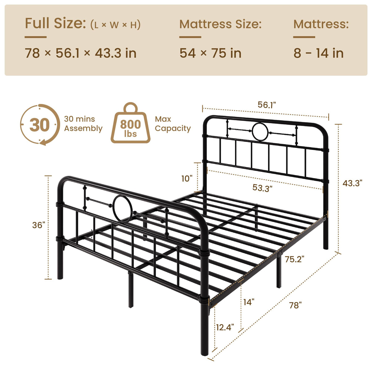 Metal Platform Bed Frame with Vintage Headboard