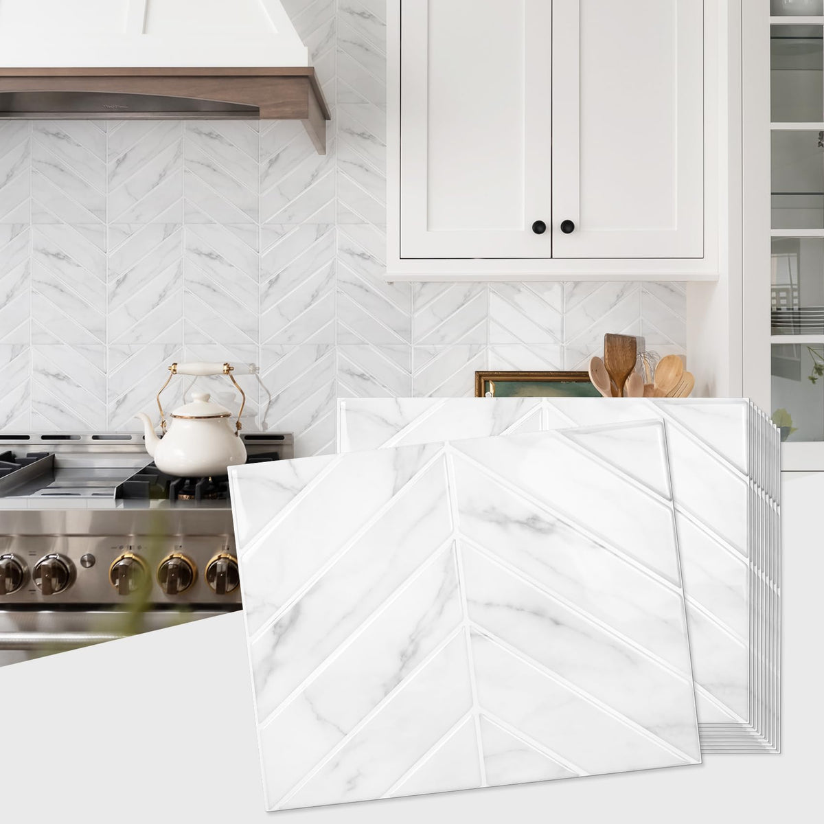 Herringbone Peel and Stick Backsplash, White Marble, 10 Sheets