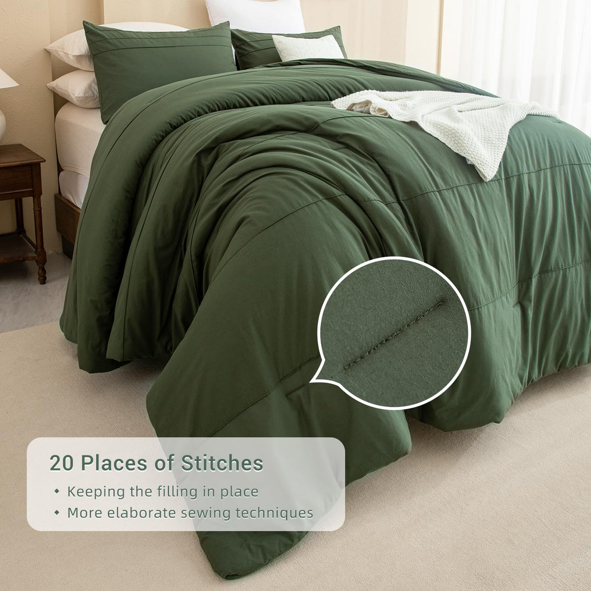 Olive Green Comforter 120"x120", Cotton Pleated Dark Green Bedding Comforter Set, 3 Pieces Lightweight
