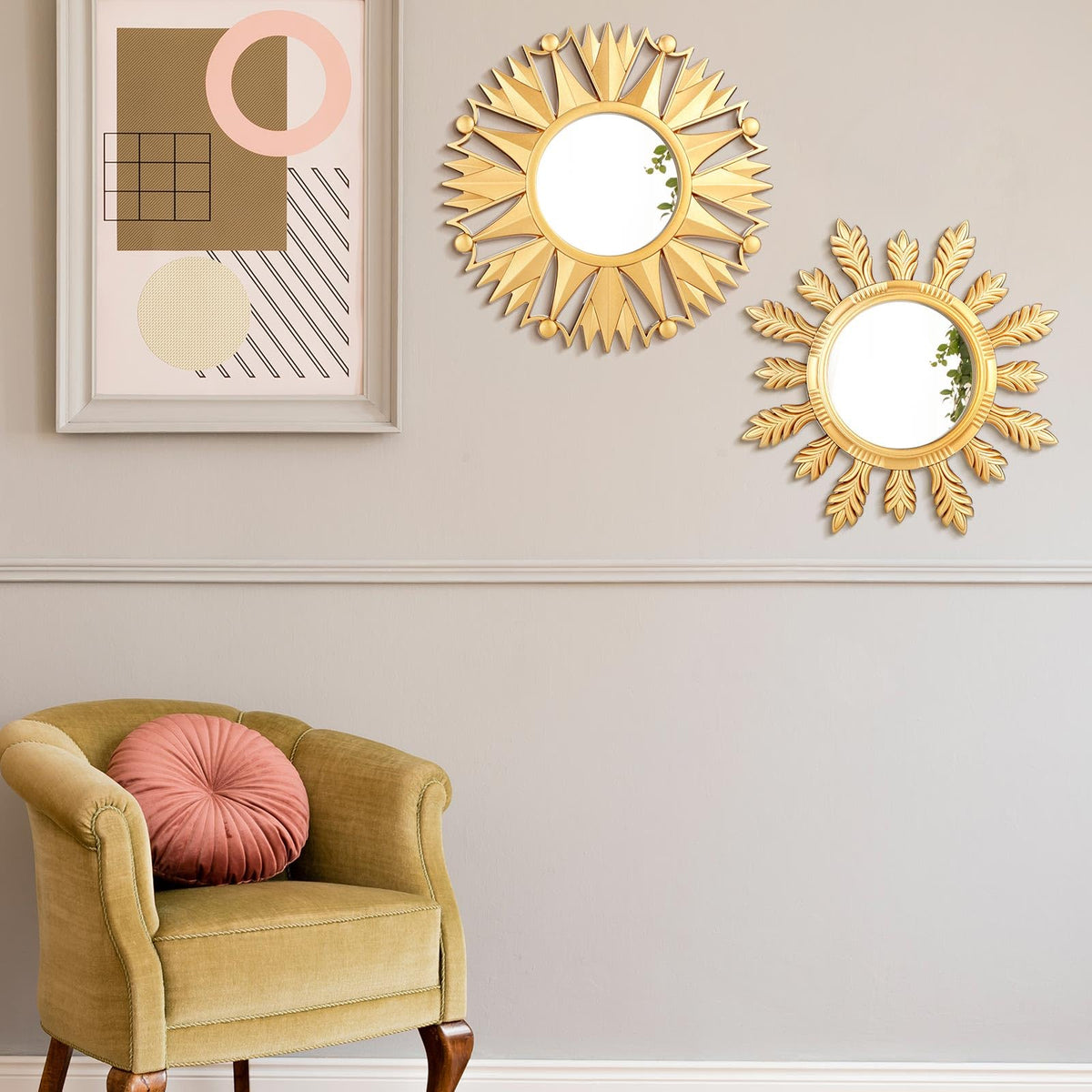 4 Pack Round Mirrors for Wall Sunburst Floral Home Decor, Gold
