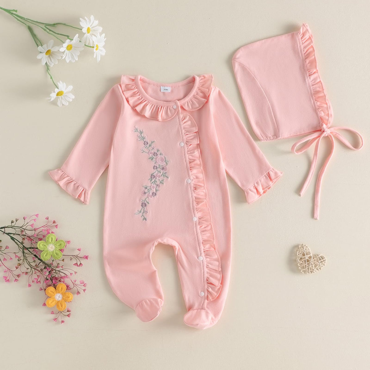 Newborn Girl Clothes Coming Home Outfit Jumpsuit (ruffle romper Hat Pink, Newborn)