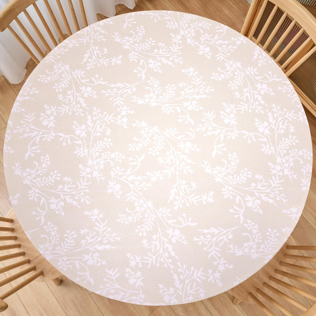 Round Vinyl Fitted Tablecloth with Flannel Backing Elastic Edge Plastic Table Cover - Warm Brich - Waterproof