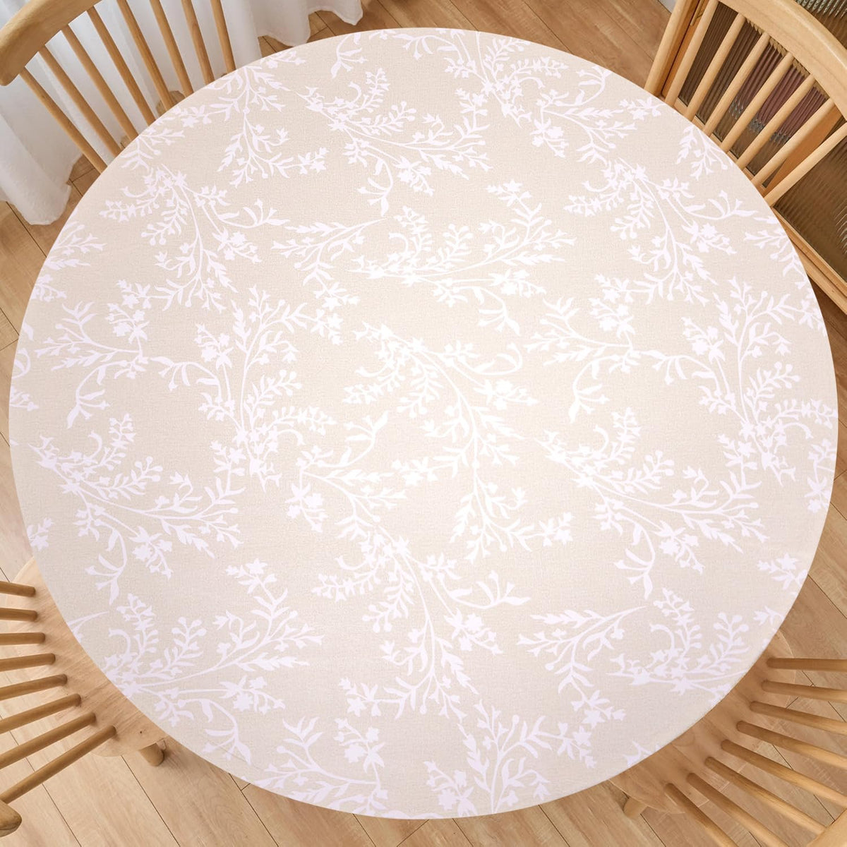 Round Vinyl Fitted Tablecloth with Flannel Backing Elastic Edge Plastic Table Cover - Warm Brich - Waterproof