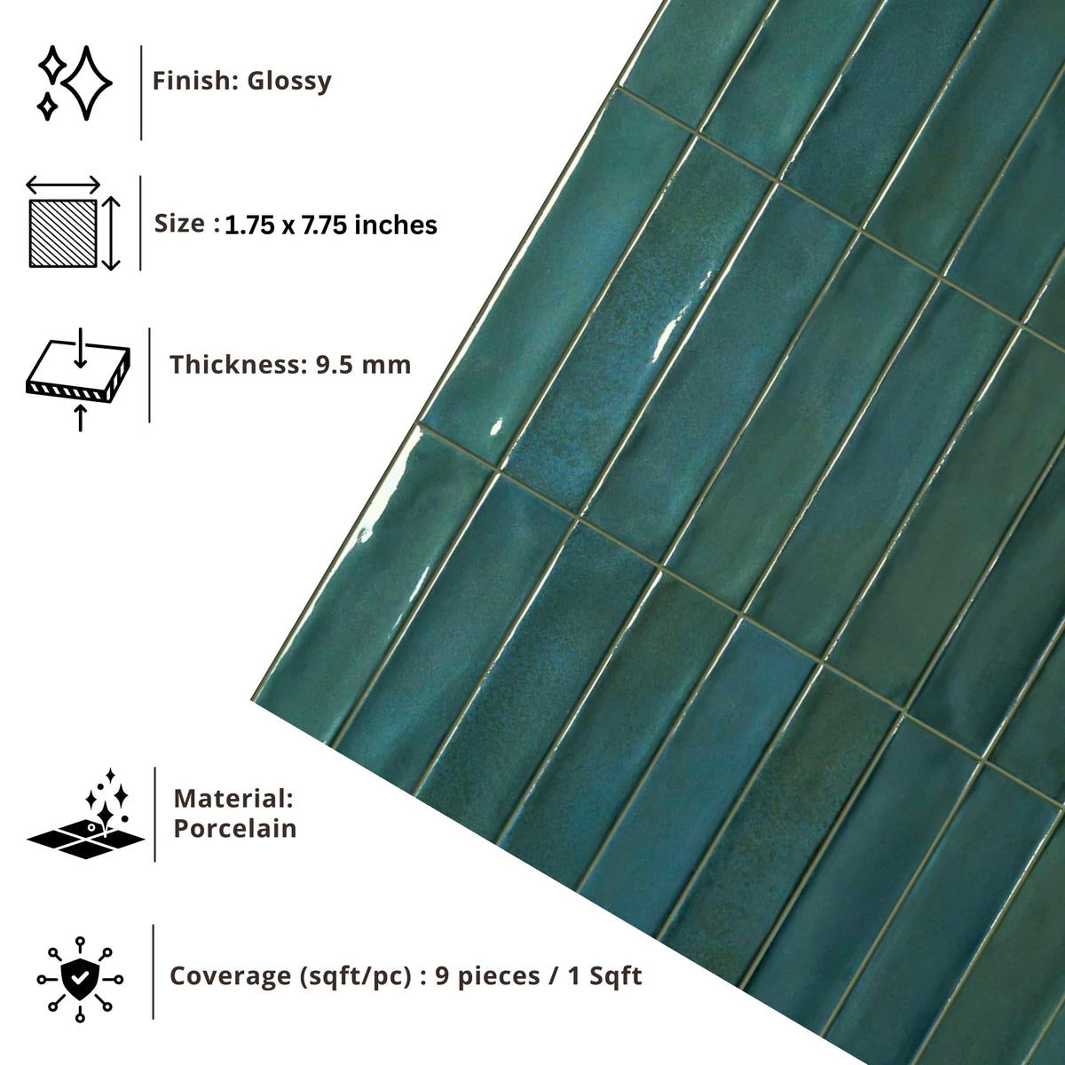 Ocean Blue Glossy Porcelain Subway Zellige Look Tile-2"x8" Wall and Floor, Backsplash , Shower,Fireplace Accent-Great