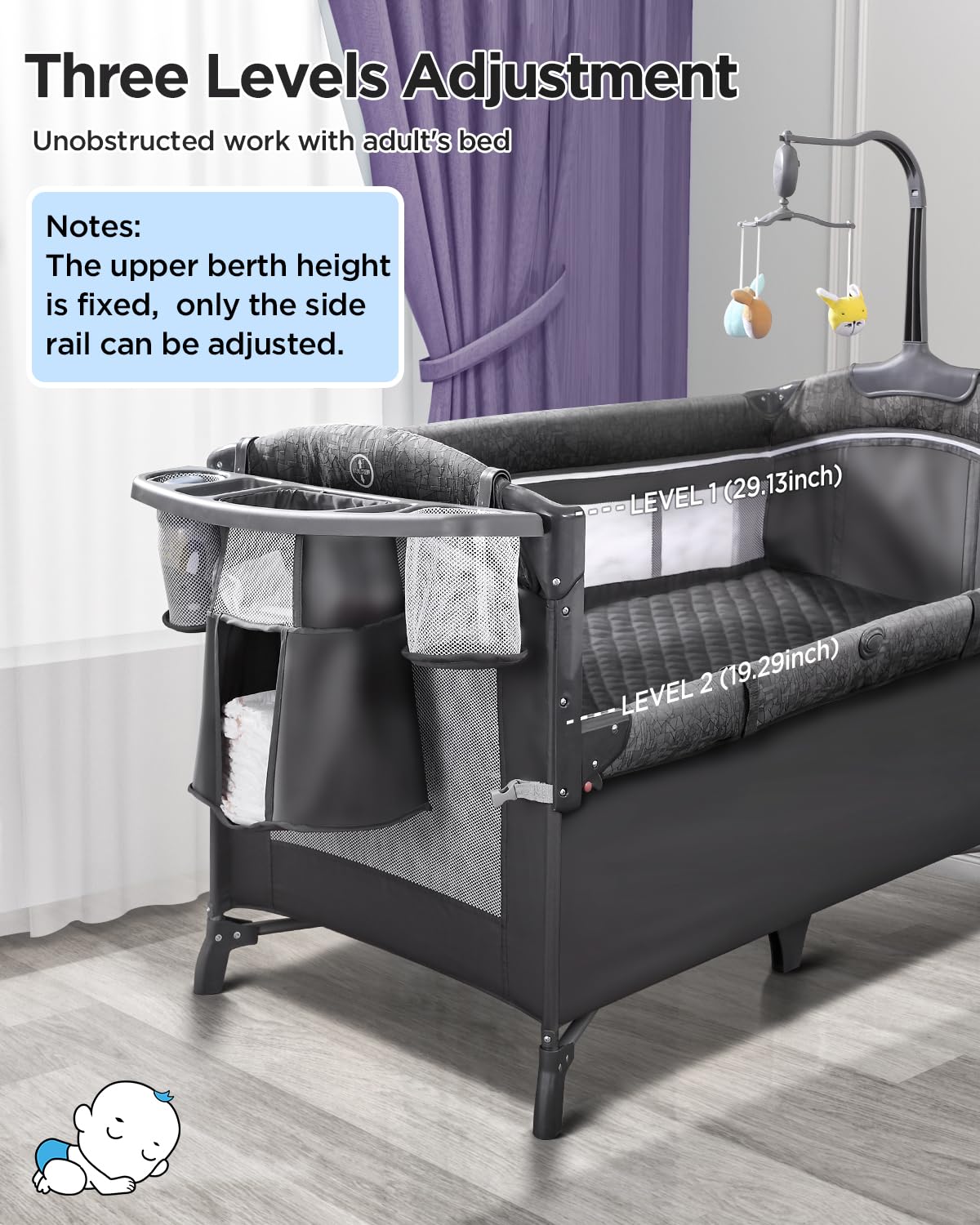 Baby Bassinet Bedside Crib, Play Yard, Diaper Changer, Grey
