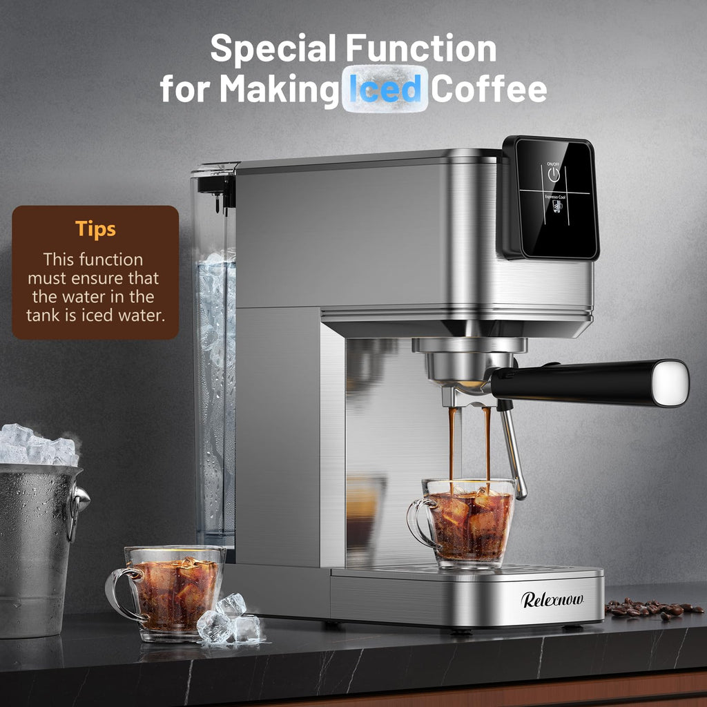 Espresso Machine, 20 Bar Espresso Maker Milk Frother & LCD Panel, Hot & Iced with Rapid Cold Brew, Stainless Steel