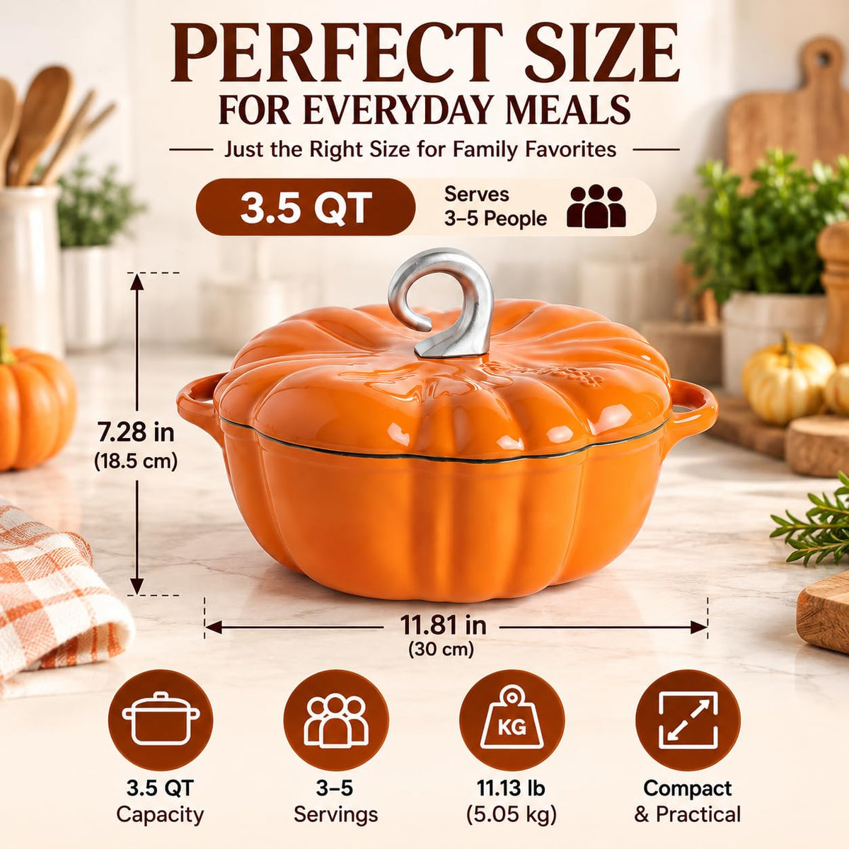 Pumpkin Dutch Oven Pot with Lid, Non-stick Enamel Cast Iron Dutch Oven, 3.5QT Pumpkin Cocotte with Cast Iron Knob