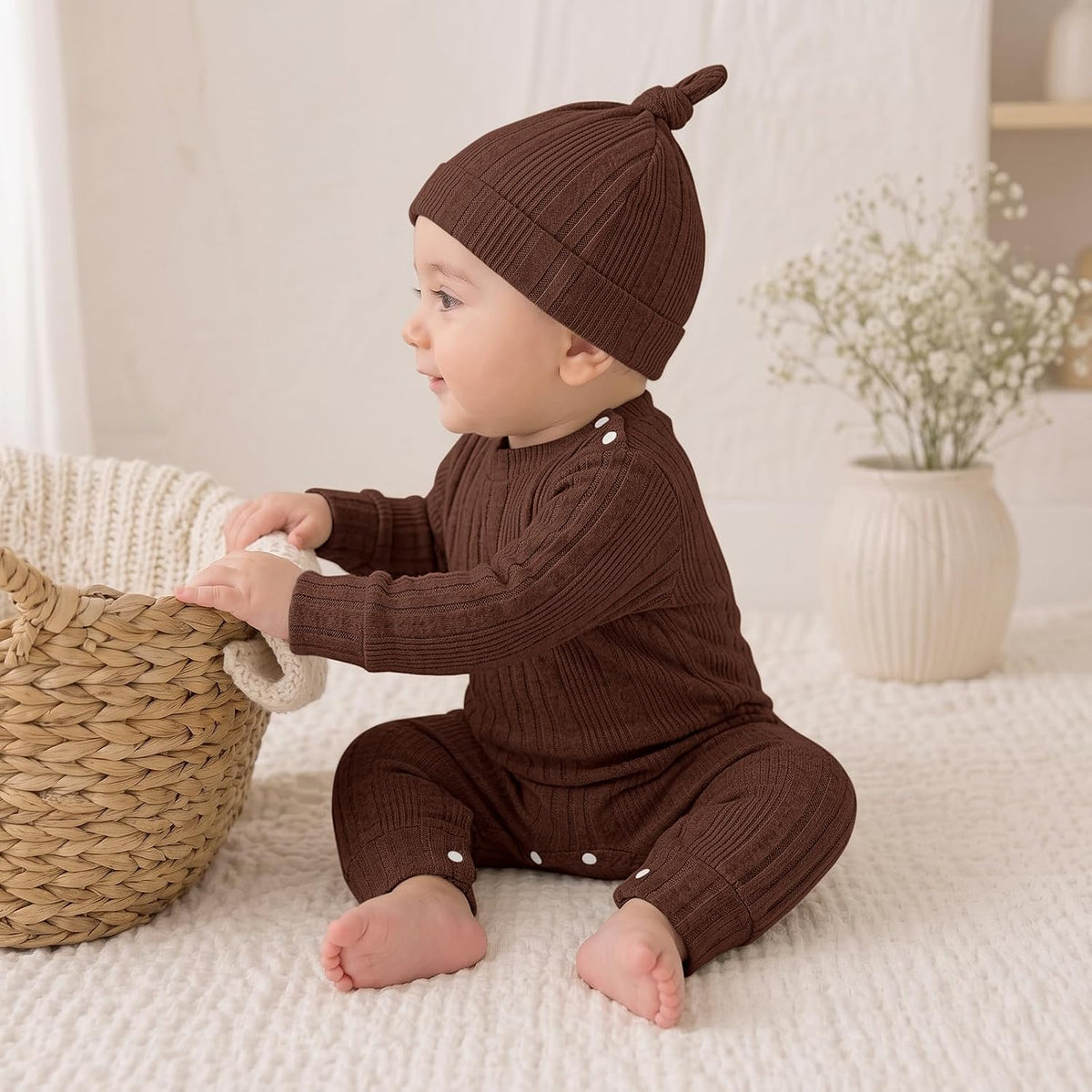 Baby Girl Ribbed Romper Hat Set Long Sleeve Infant Fall Outfit