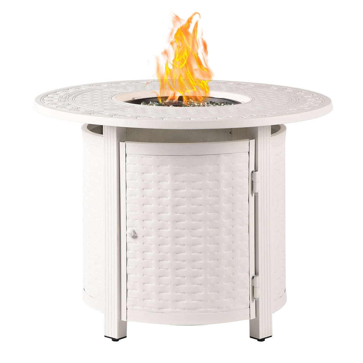 Round 34 in. x 34 in. Aluminum Propane Fire Pit Table with Glass Beads, Two Covers, Lid, 37, 000 BTUs in White Finish
