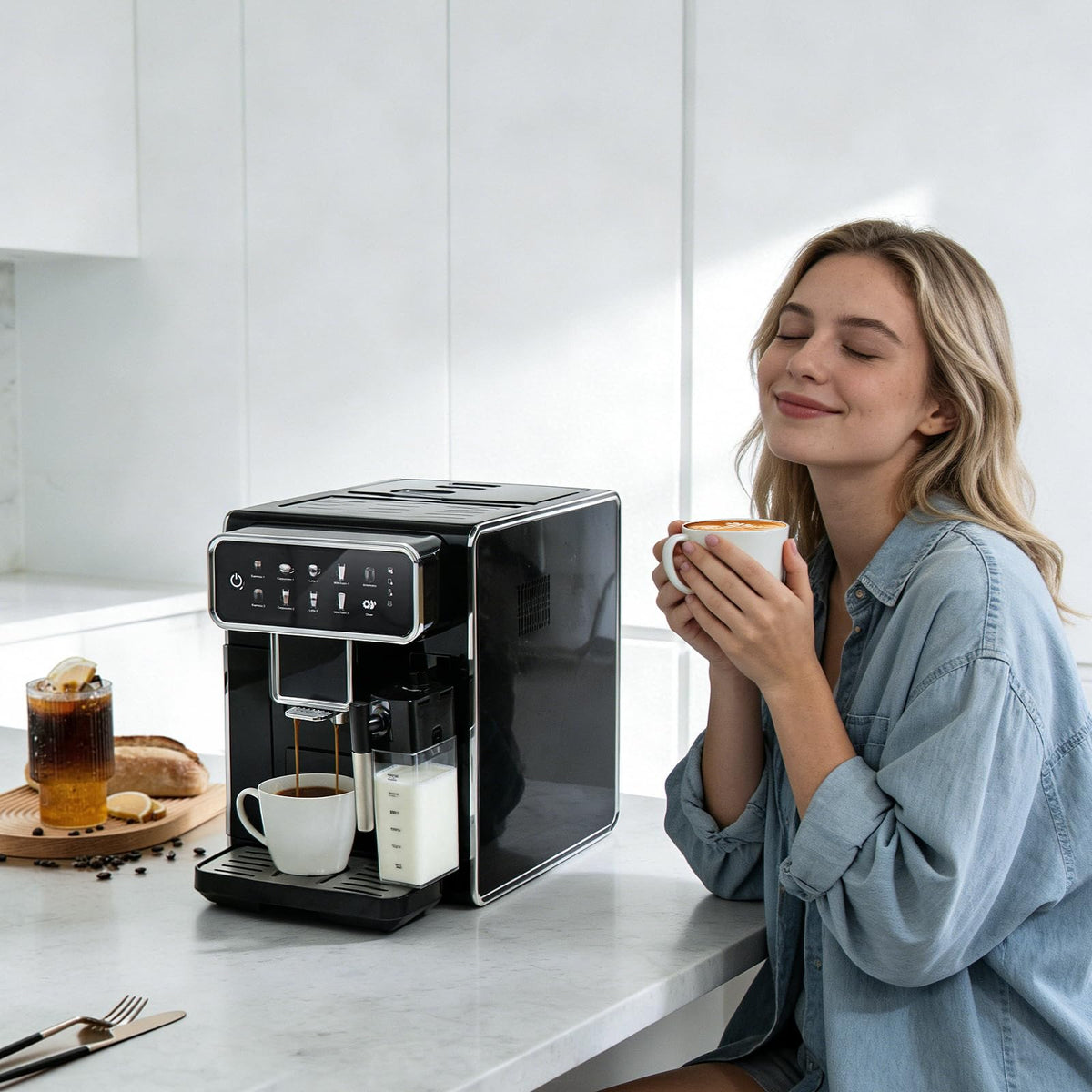 Automatic Espresso Machine with Grinder and Milk Frother (Black)