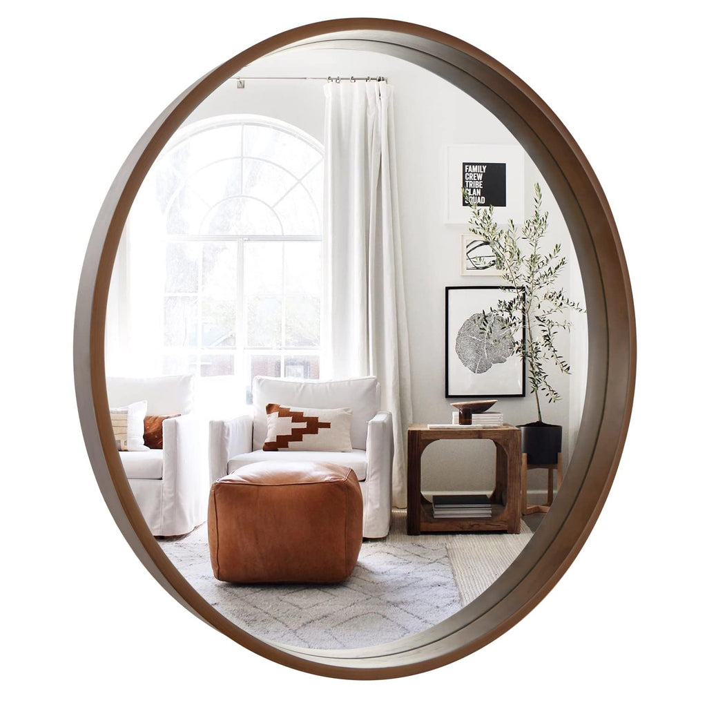 Circle Mirror with Wood Frame, 28" Round Modern Decoration Large Home Decor Mirror Living Room Bedroom Entryway (28"