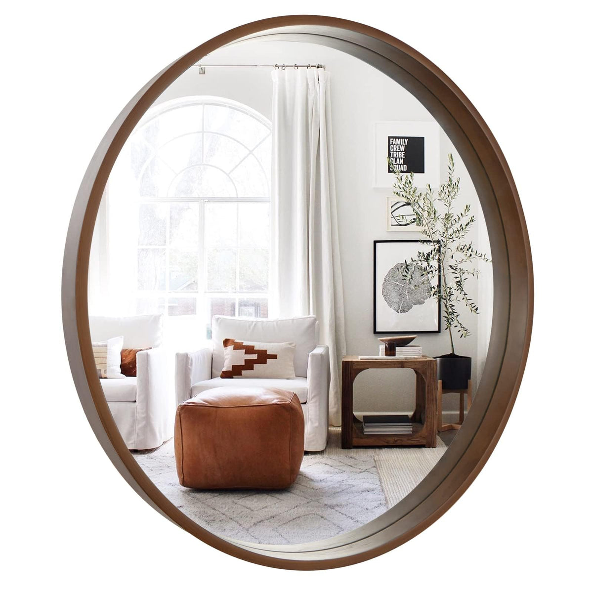 Circle Mirror with Wood Frame, 28" Round Modern Decoration Large Home Decor Mirror Living Room Bedroom Entryway (28"