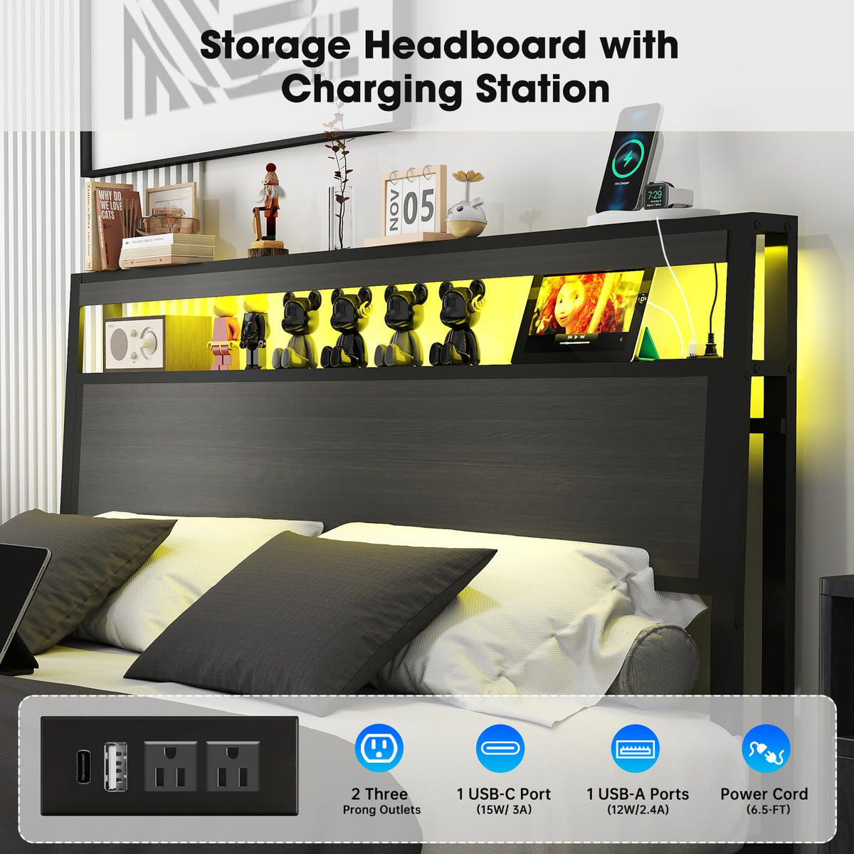Bed Frame with 2-Tier Storage Headboard and 4 Drawers, Metal Platform Bed Frame with LED & Charging Station, No