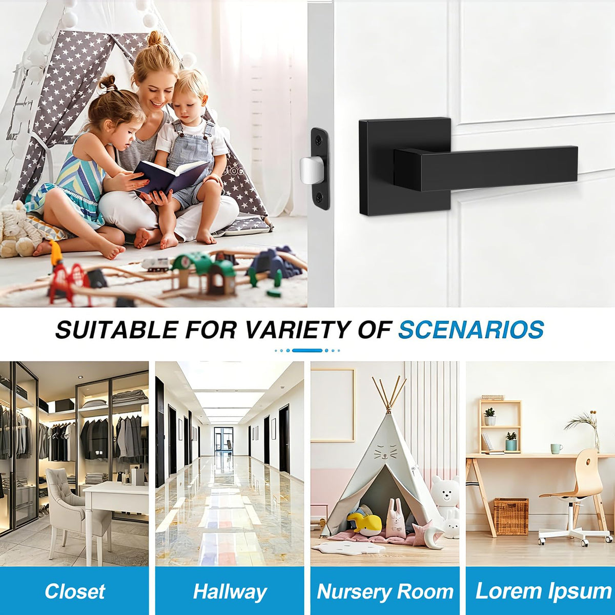 8 Pack Matte Black Door Handles, Passage Door Levers & Closet, Interior Keyless Door Knobs Heavy Duty Square
