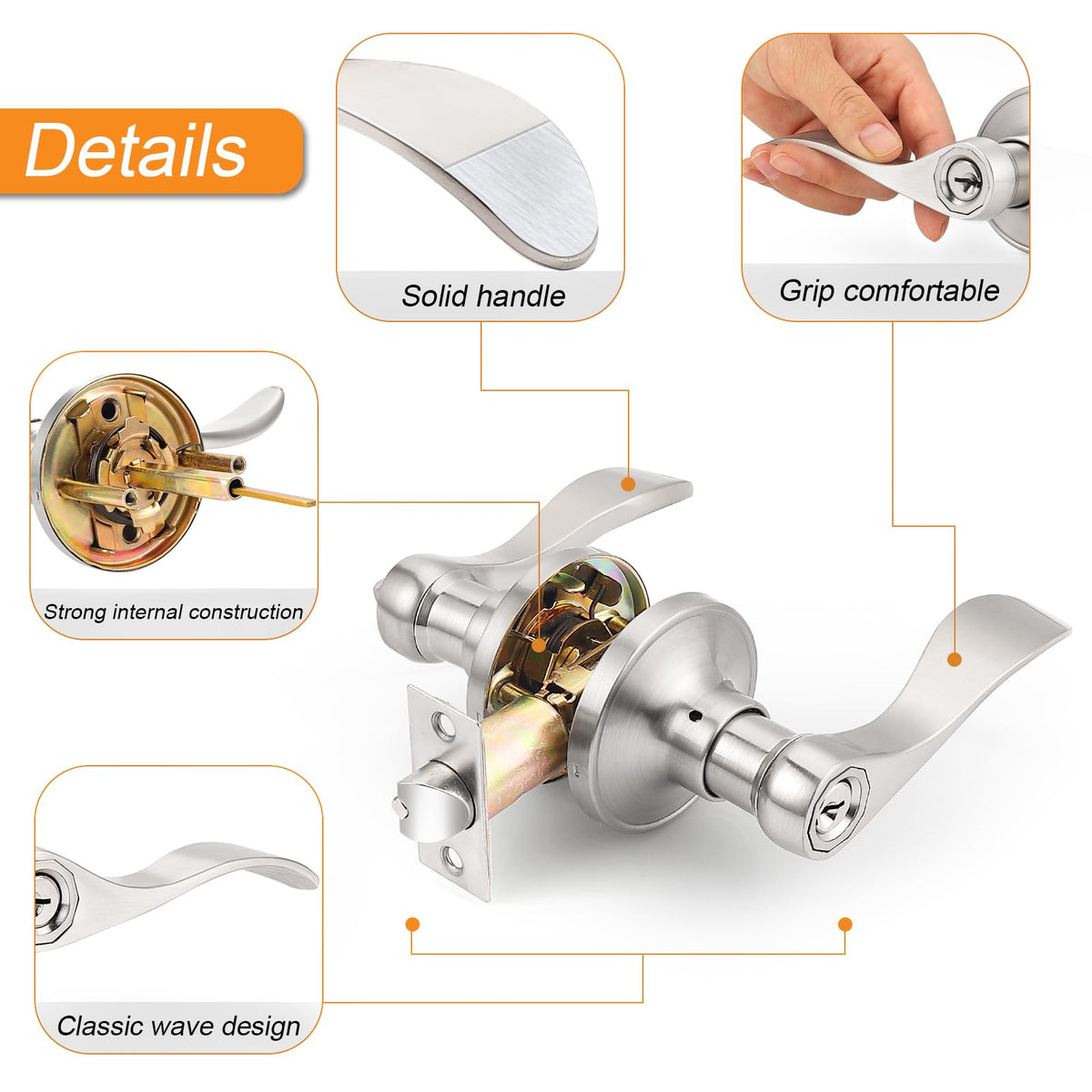 Keyed Alike Brushed Nickel Door Handle, Wave Style Entry Door Handles, Door Levers Lockset for Interior and Exterior