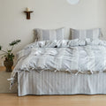 Striped Duvet Cover Set 3pcs 100% Washed Cotton Linen Like Textured with Bowknot Bow Ties Strap Reversible Breathable