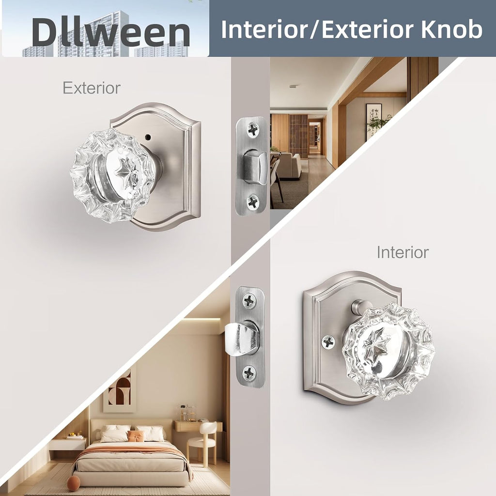 Glass Crystal Door Knob Interior with Lock, Privacy Brushed Nickel Door Knob Bedroom, Satin Nickel