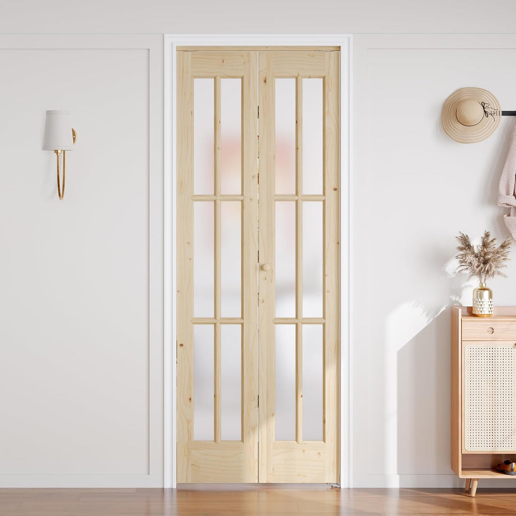 30"x 80" (Double 15" x 80") Bifold Barn Door, Tempered Frosted Glass Bifold Closet Door with 2.5FT Concealed Hardware
