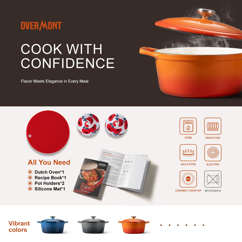 Enameled Cast Iron Dutch Oven - 5.5QT Pot with Lid Cookbook