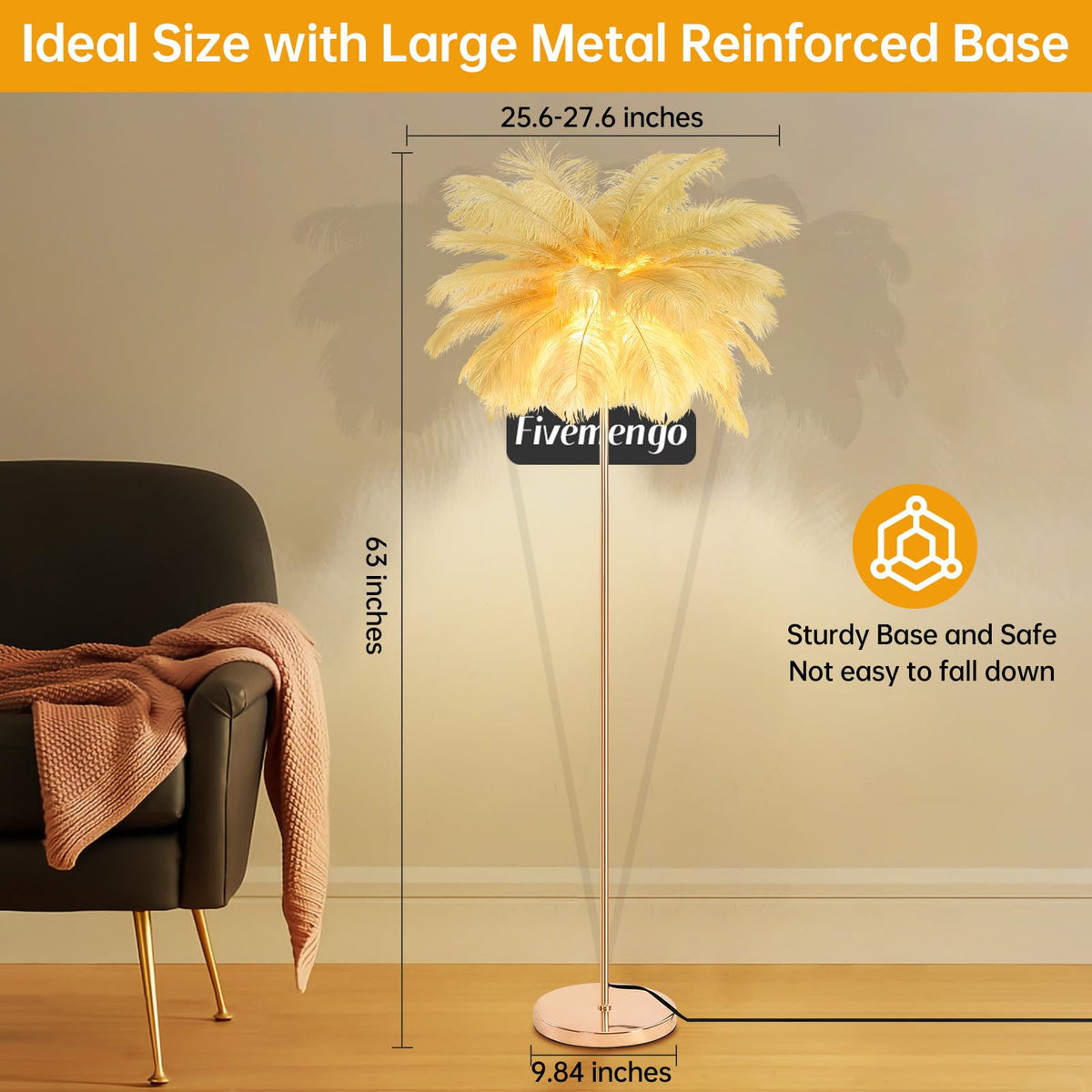Inspired Arco Style Feather Floor Lamp, Fluffy Ostrich Feathers Lamp, Rose Gold Color Body, 3 Color Temperatures Modern Funky Arc Tall