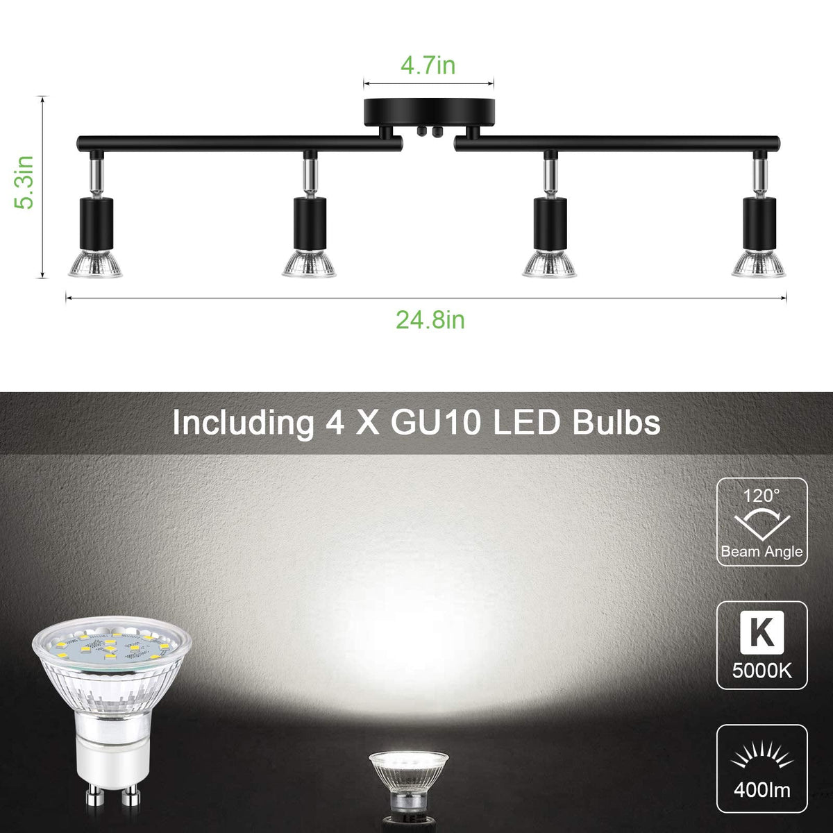 LED 4 Light Track Lighting Kit, 24.8'' Black 4 Way Ceiling Spot Lighting, Flexibly Rotatable Head, Track Light