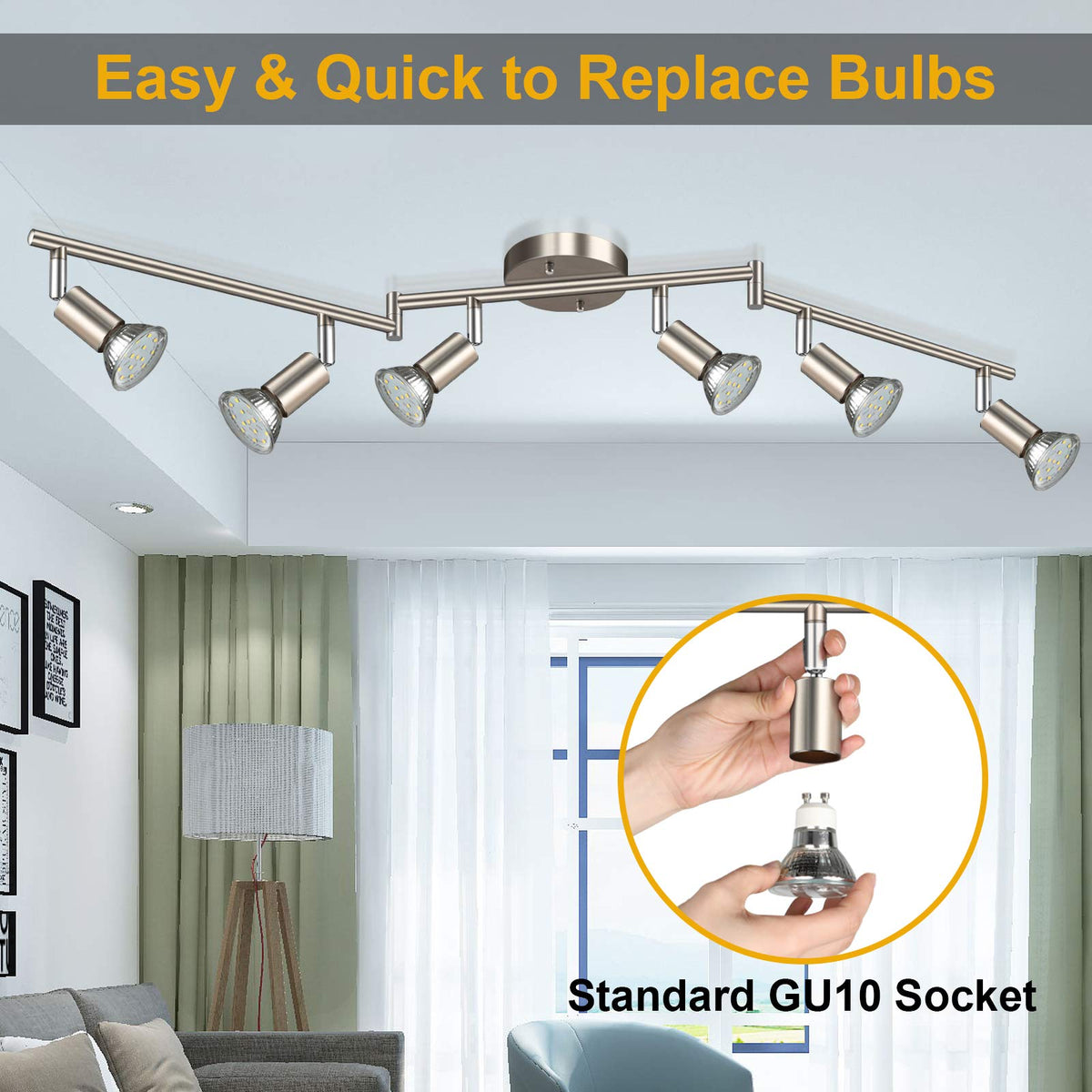 LED Track Lighting Kit, Flexibly Rotatable Light Heads, 6 Way Ceiling Spotlight Matt Nickel Finish, Including