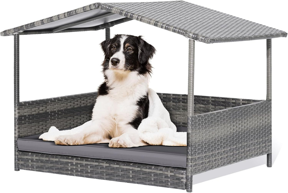 Outdoor Wicker Dog Bed with Canopy, Indoor HDPE Rattan Dog House, Raised Dog Cot Pet House, Elevated Pets Sofa