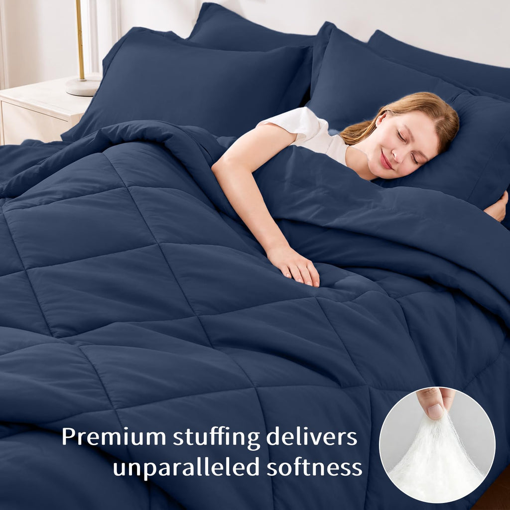 Comforter Set 7 PCS, Navy Blue Bed Set, Soft Bed in a Bag