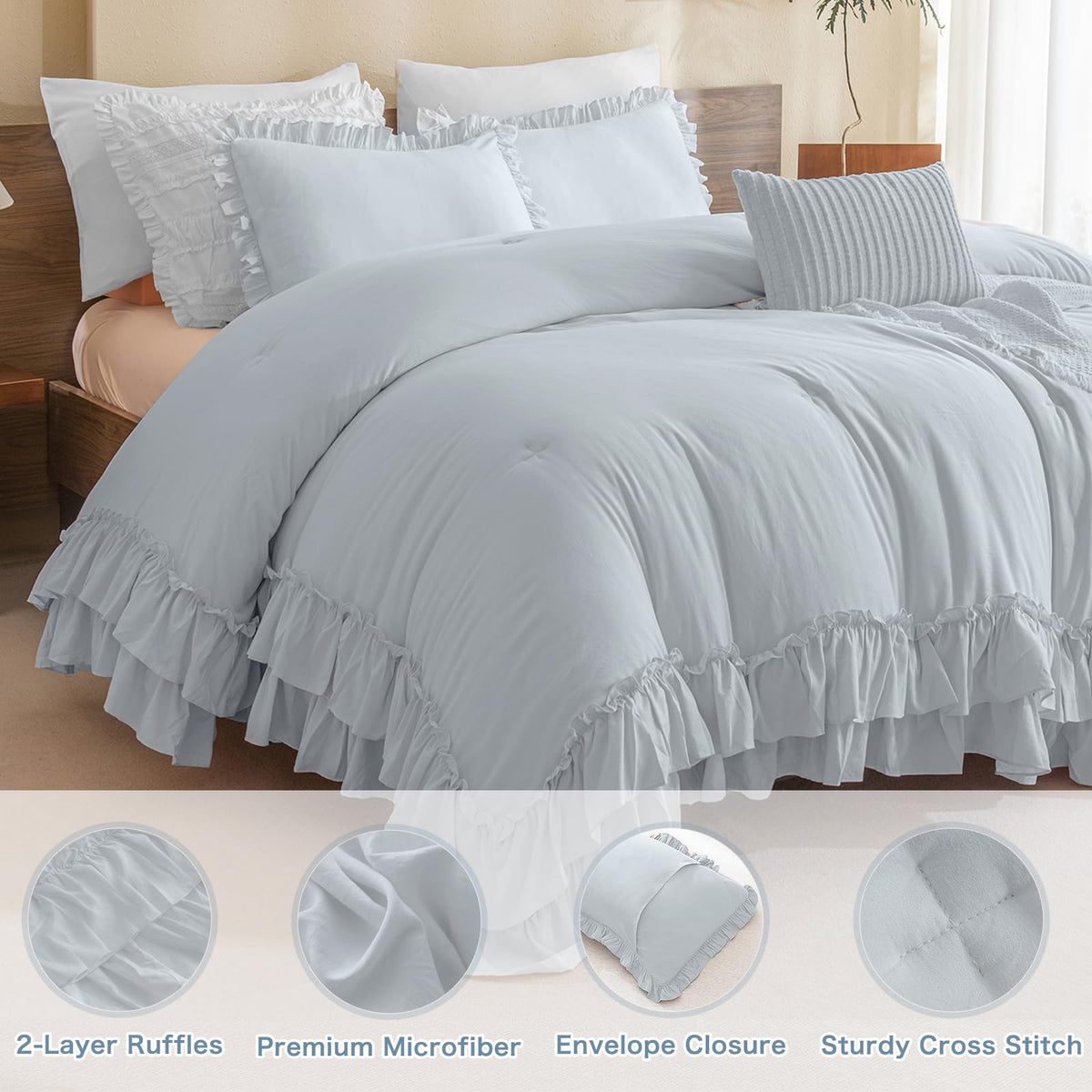 Ruffled Comforter Set for Queen Bed, 3 Pieces Vintage Farmhouse Shabby Bedding Set Lightweight Ultra Soft French