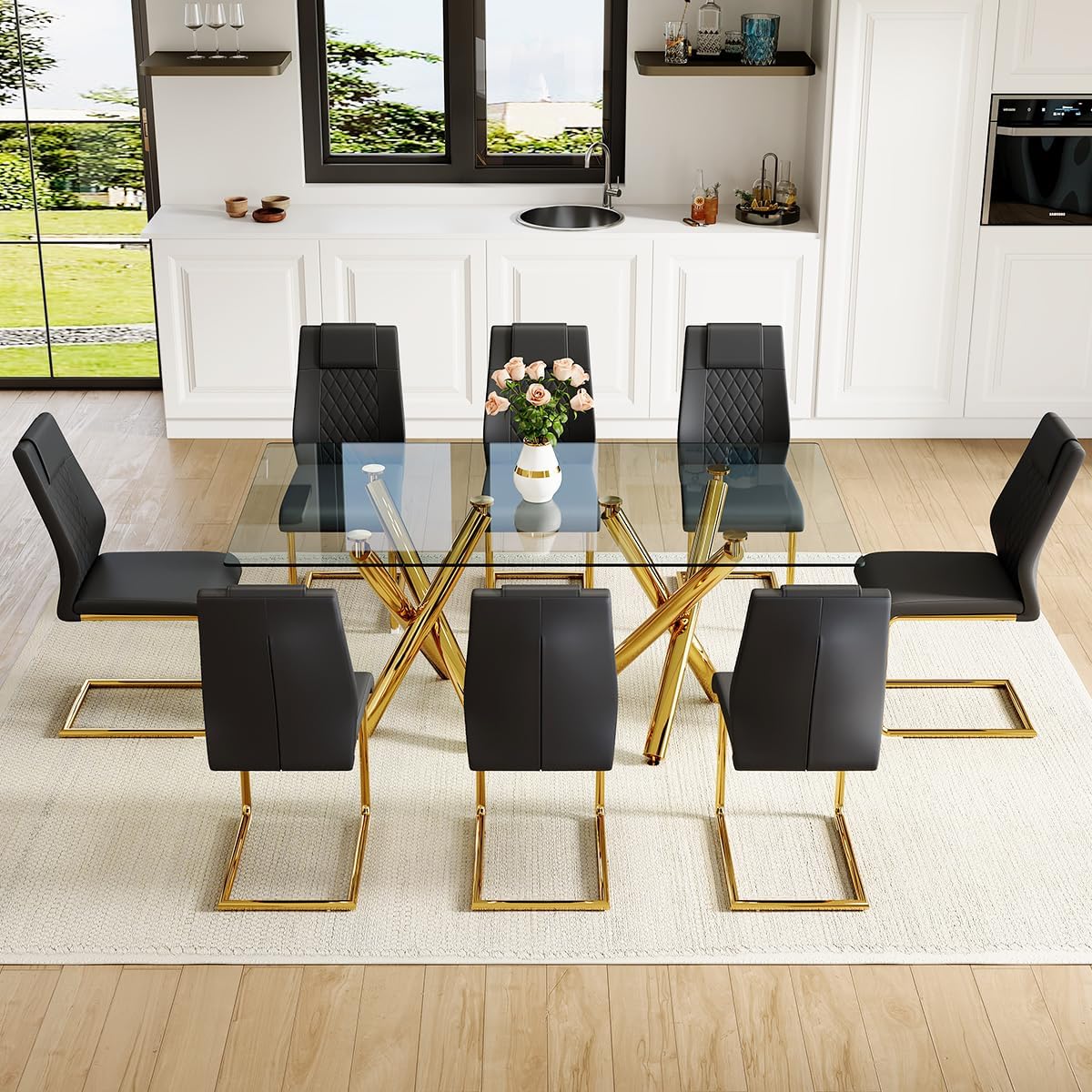 71" Glass Dining Table Set for 8, Dining Set Table and 8 Chairs