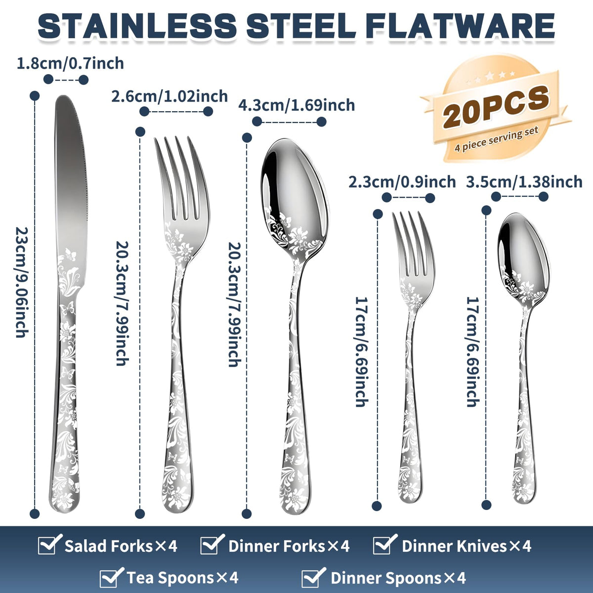 Silverware Set, 20 Piece Stainless Steel Flatware Set, Silverware Set for 4,Mirror Polished Cutlery Set, Tableware