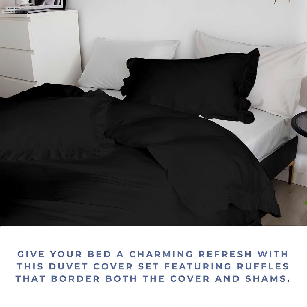 3 Pc Black Ruffle Trim Duvet Cover Set King Size-100% Egyptian Cotton 600 TC Frilled, Shabby Chic Bohemian-Vintage
