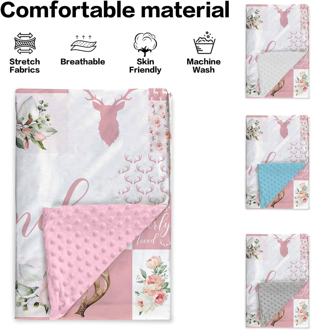 Blankets with Name - Custom Baby Girl Blanket with Pink Antlers Plaid Pattern - Soft Minky Dot Blanket for Crib
